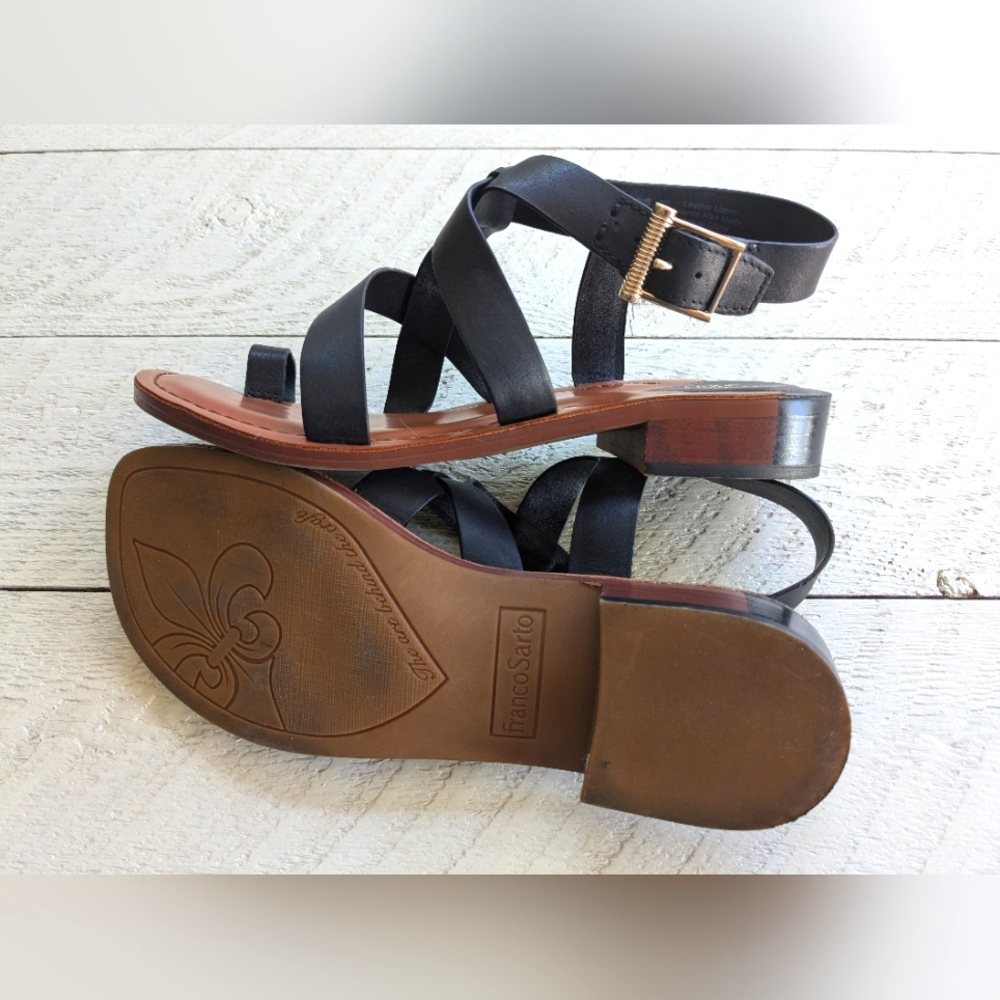 Franco Sarto Ina Black Strappy Leather Sandals with Brown Footbed 8.5 - Picture 7 of 14